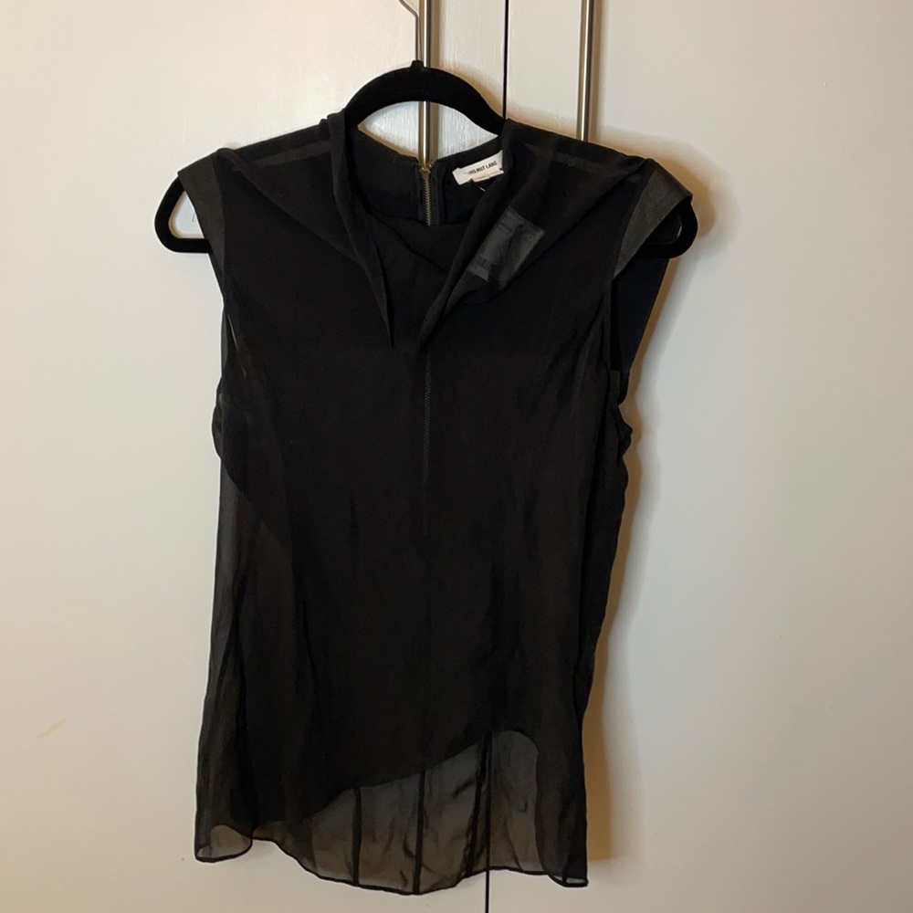 HELMIT LANG COWL NECK FAUX LEATHER / SUEDE TULLE BLOUSE